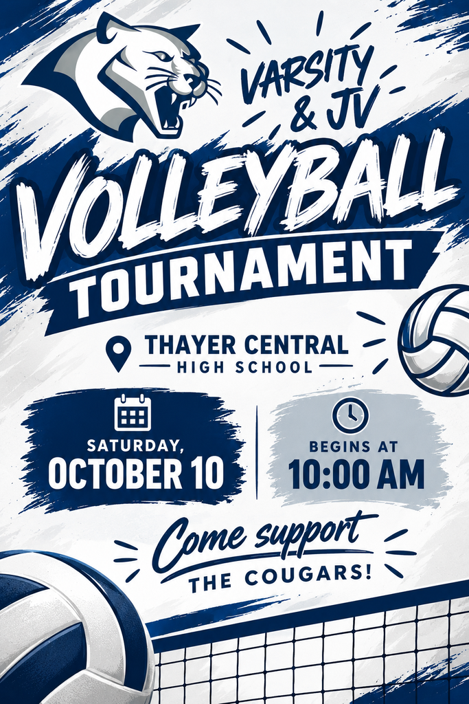 🏐🐾 Saturday volleyball! Our Varsity Lady Cougars head to Thayer Central High School on October 10 for tournament action! 💙🤍 📍 Thayer Central High School 📅 Saturday, October 10 Central Valley’s varsity matches: 🏐 11:15 a.m. vs. Plainview 🏐 12:30 p.m. vs. Thayer Central Bring your navy and silver and help cheer our girls on! Let’s go, Lady Cougars! 🐾 #GoCougars #LadyCougarVolleyball #CentralValley