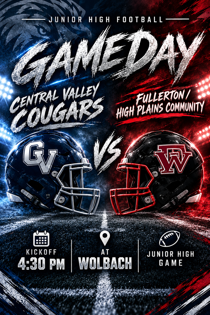 🏈 Junior High Football Game Day! 💙🐾 The Central Valley Cougars take on Fullerton/High Plains Community in Wolbach! 📍 Wolbach ⏰ Kickoff: 4:30 PM Come out and cheer on our junior high players! Let’s fill the sidelines with Cougar pride! 💙🤍 #GoCougars #CentralValley #JuniorHighFootball