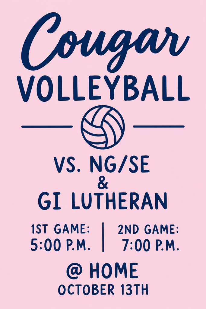 🏐💙 Cougar Volleyball at HOME! 💙🏐 Come cheer on Central Valley as the Cougars take on Newman Grove/St. Edward and Grand Island Lutheran! 📅 Tuesday, October 13 📍 Home ⏰ First game: 5:00 PM ⏰ Second game: 7:00 PM Bring your Cougar pride and help us fill the gym! Let’s go, Cougars! 🐾 #GoCougars #CougarVolleyball #CentralValley