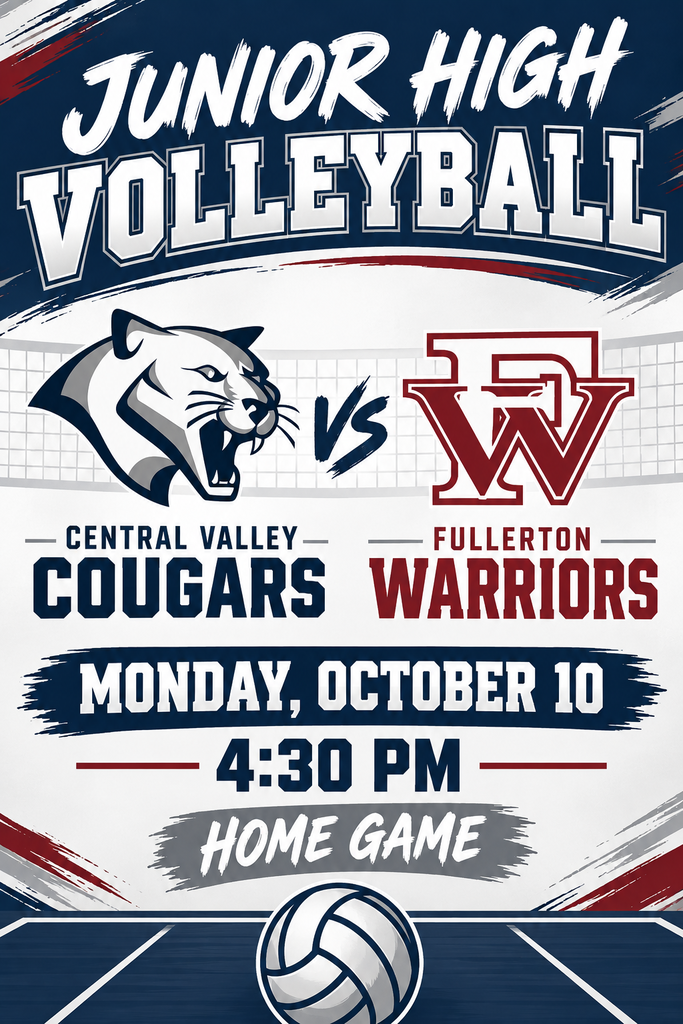 🏐💙 Junior High Cougar Volleyball! 🐾 Our Central Valley Cougars take on the Fullerton Warriors at HOME! ⏰ 4:30 PM 📍 Home Game Come fill the gym with Cougar pride and cheer on our junior high girls! Let’s go, Cougars! 💙🤍 #GoCougars #CentralValley #JuniorHighVolleyball