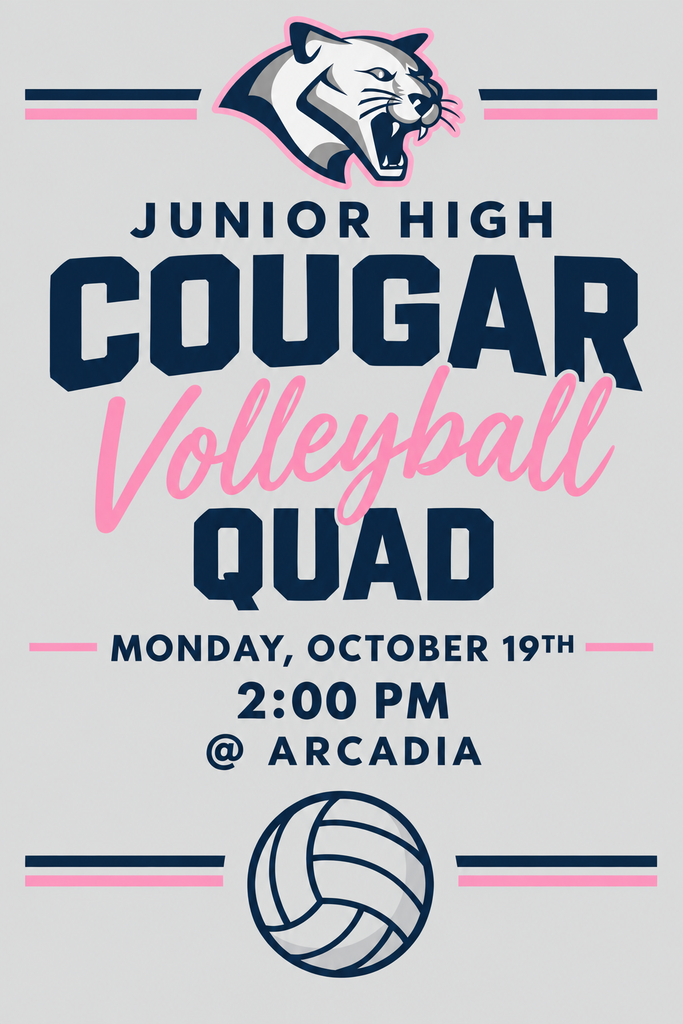🏐💙 Junior High Cougar Volleyball! 🐾  Our Central Valley Cougars are headed to Arcadia for a junior high volleyball quad!  📅 Monday, October 19 ⏰ 2:00 PM 📍 Arcadia  Come cheer on our girls as they work together and give it their all on the court! Let’s go, Cougars! 💙🤍  #GoCougars #CentralValley #JuniorHighVolleyball