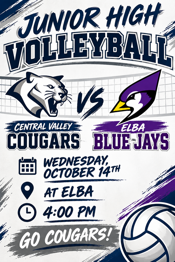 🏐🐾 Junior High Cougar Volleyball! 💙🤍 Our Central Valley Cougars travel to Elba to take on the Bluejays! 📅 Wednesday, October 14 ⏰ 4:00 PM 📍 Elba Come support our junior high girls and bring your Cougar pride! Let’s go, Cougars! 💙 #GoCougars #CentralValley #JuniorHighVolleyball