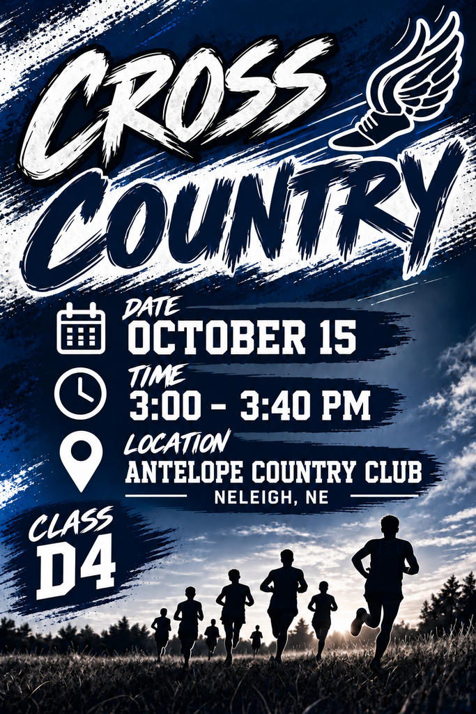 🏃🐾 District Cross Country! 💙🤍 Our Central Valley Cougars are headed to the NSAA Class D4 District Cross Country Meet! Come cheer on our runners as they race for a spot at State! 📅 Thursday, October 15 ⏰ 3:00–3:40 PM 📍 Antelope Country Club — Neleigh, NE Run strong, Cougars! We’re proud of your hard work and determination! 💙 #GoCougars #CentralValley #DistrictCrossCountry