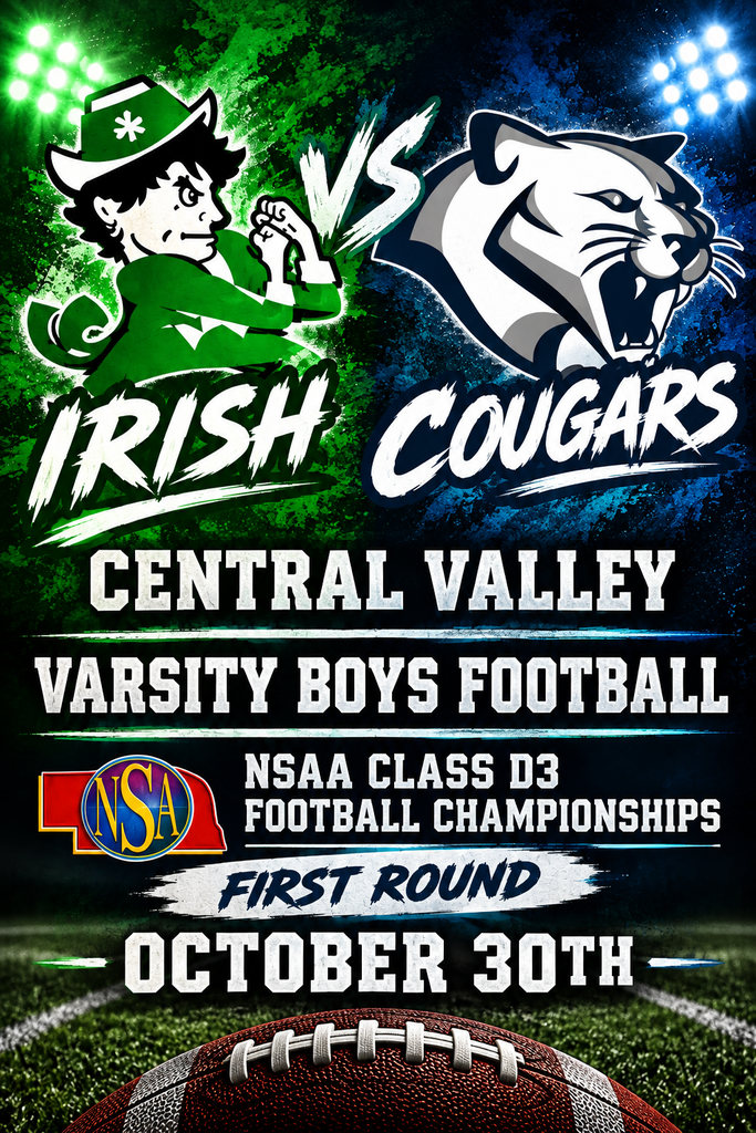 🏈🐾 IT’S PLAYOFF TIME, COUGAR NATION! 🐾🏈 The Central Valley Cougars take on the Irish in the FIRST ROUND of the NSAA Class D3 Football Championships! 📅 Friday, October 30 ⏰ Kickoff: 5:00 p.m. 📍 Wolbach Let’s pack the stands, wear our navy and silver, and BRING THE NOISE! Come cheer on our Cougars as they battle to keep their postseason run alive! 💙🩶 #GoCougars #CougarNation #PlayoffFootball #BringTheNoise