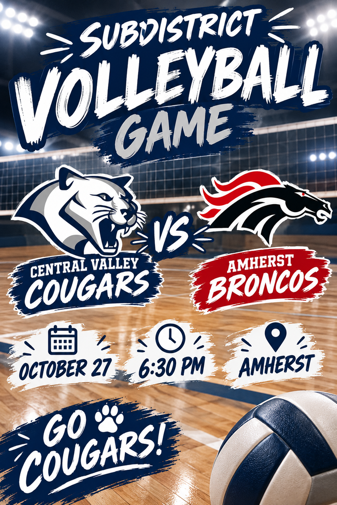 🏐🔥 HUGE GAME. HUGE STAKES. COUGAR NATION—WE NEED YOU! 🔥🏐  It’s #1 vs. #2 in Nebraska Class D-1 as the Central Valley Cougars take on the Amherst Broncos in a SUBDISTRICT SHOWDOWN!  📅 Tuesday, October 27 ⏰ 6:30 PM 📍 Amherst 🖤 THEME: BLACK OUT—wear your BLACK!  Let’s pack the stands, BRING THE NOISE, and give our girls the support they deserve! Every point matters, and every voice counts. Get loud and help cheer our Cougars to victory! 🐾🏐  #GoCougars #CougarNation #BlackOut #BringTheNoise #PostseasonVolleyball