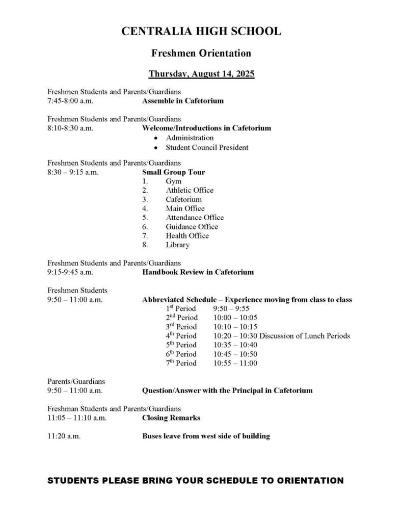 Freshmen Orientation Schedule for August 14, 2025