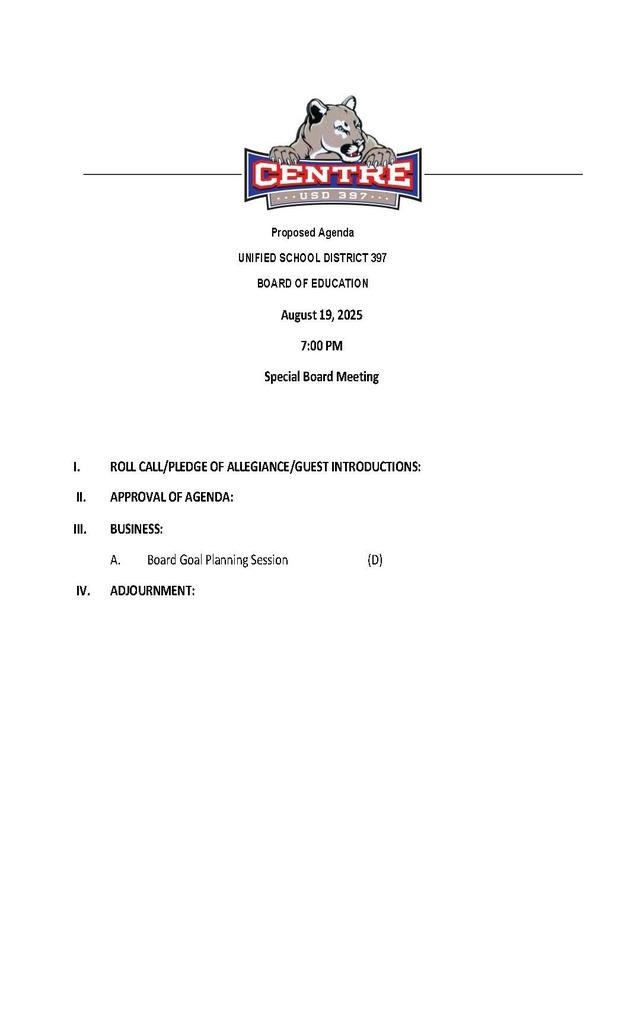 BOE Special Meeting-Board Goals-August 19, 2025-7:00 P.M.