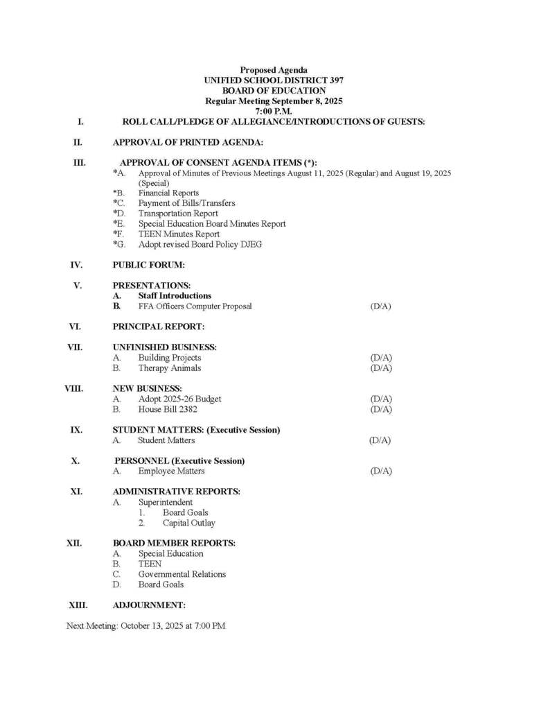 September 8, 2025, BOE Agenda