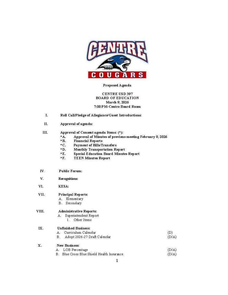 March 9, 2026 BOE Meeting Agenda