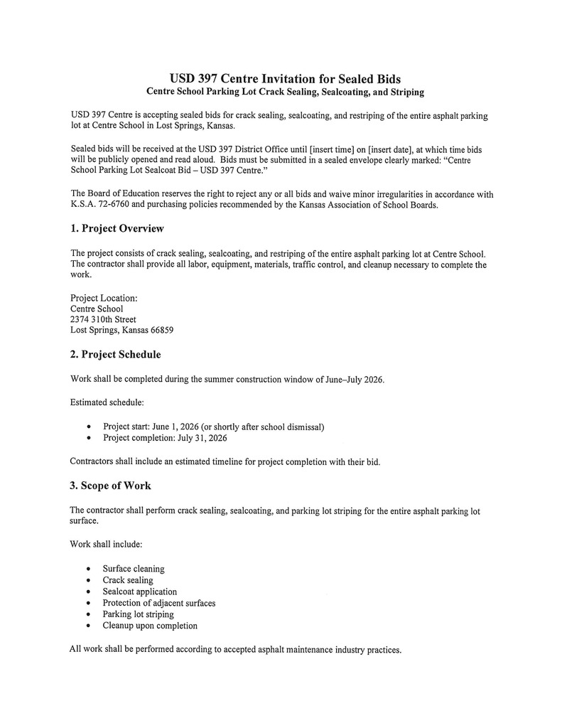 Sealed Bids Parking Lot Crack Sealing, Sealcoating, and Striping