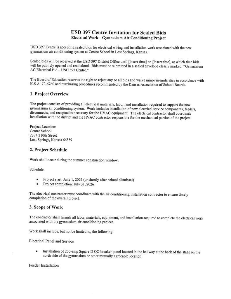 Sealed Bids Electrical Work-Gymnasium Air Conditioning