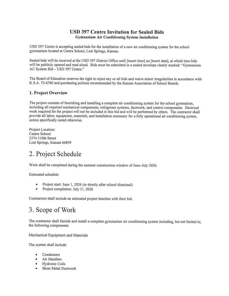 Sealed Bids  Gymnasium Air Conditioning System Installation