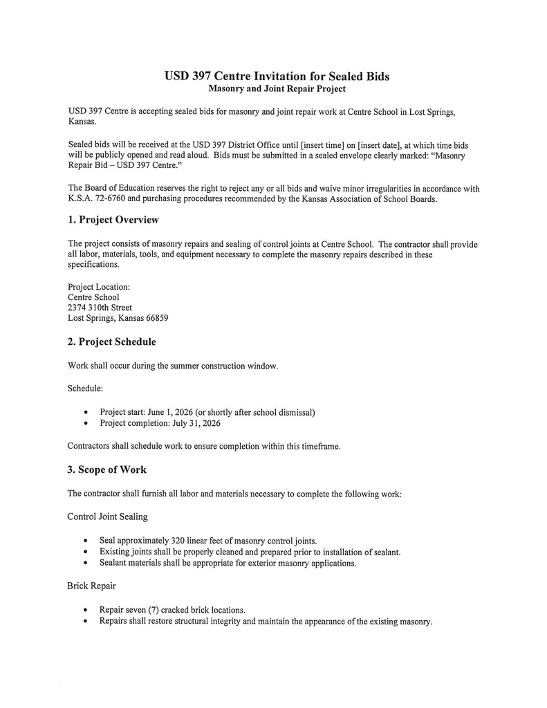Sealed Bids  Masonry and Joint Repair Project