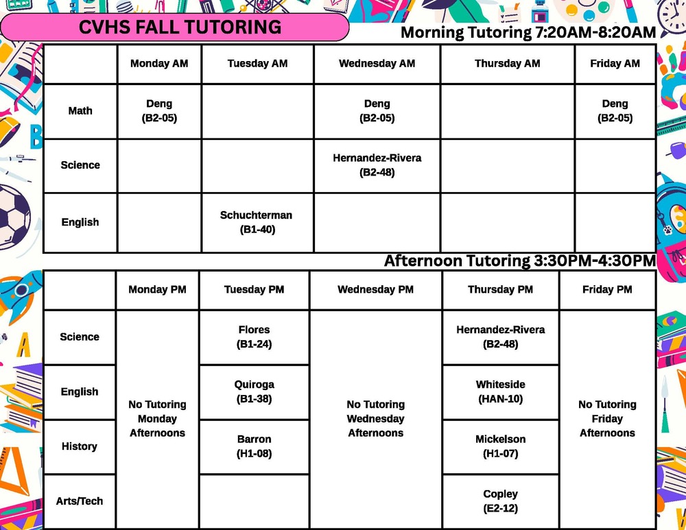 CVHS Fall Tutoring Schedule 2025