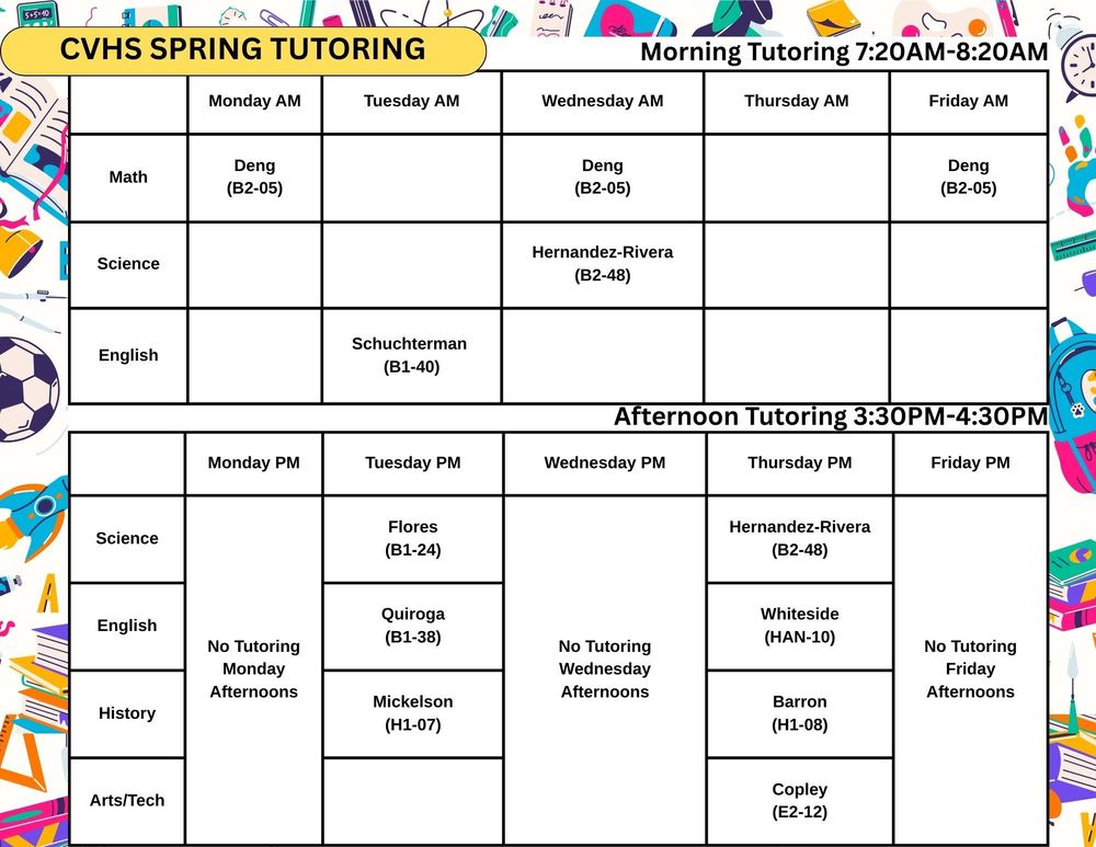 CVHS SPring Tutoring Schedule 2026
