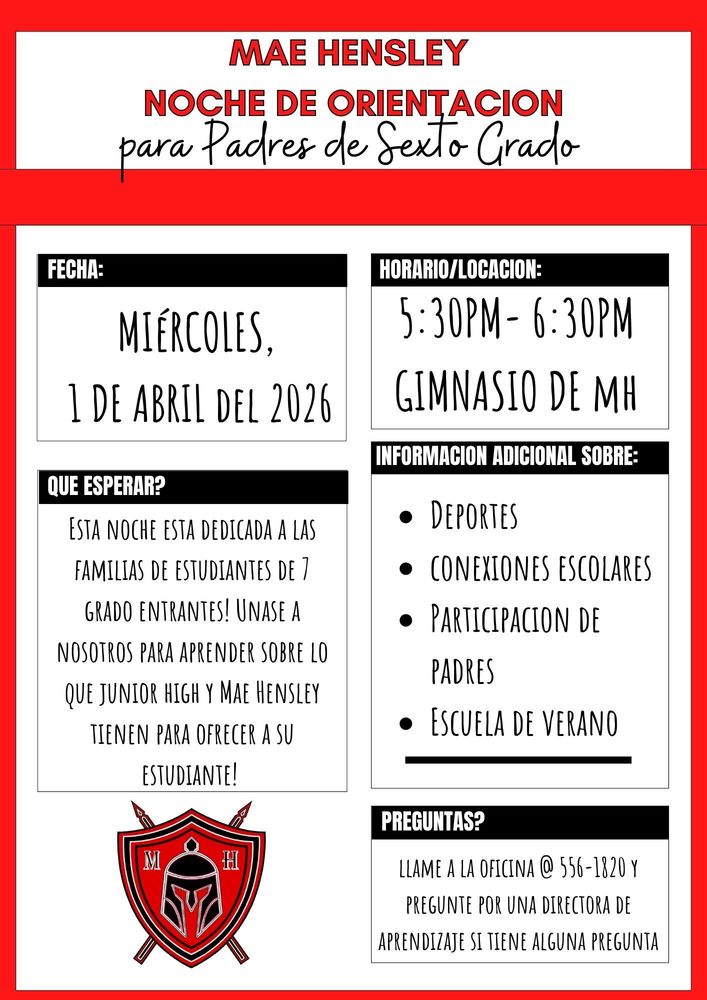 6th grade parent orientation flyer in Spanish