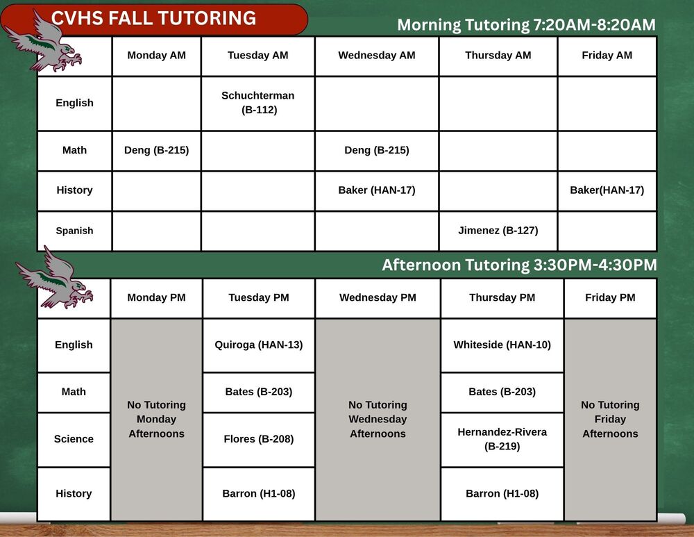 CVHS Fall Tutoring Schedule 26-27