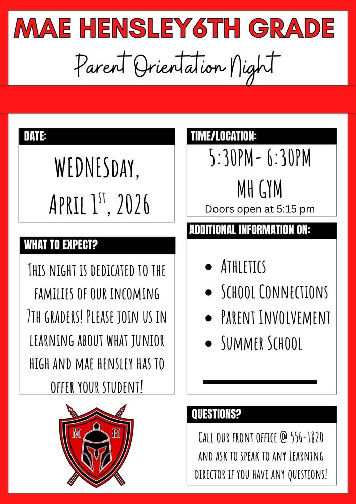 6th grade parent orientation flyer in English