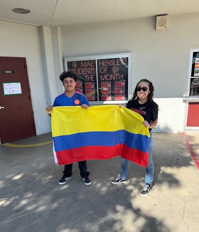 Mrs Marshall and Nicolas with the Colombian flag