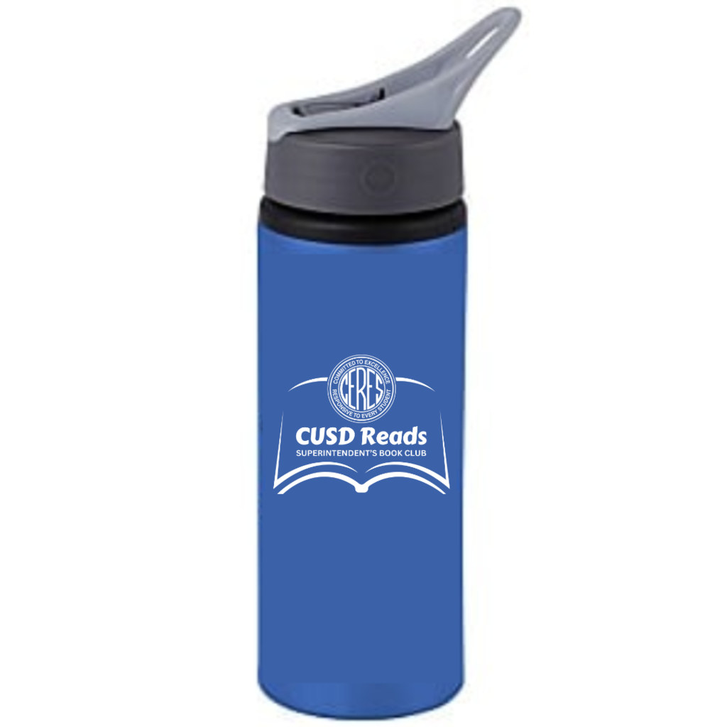 Blue water bottle with CUSD Reads logo
