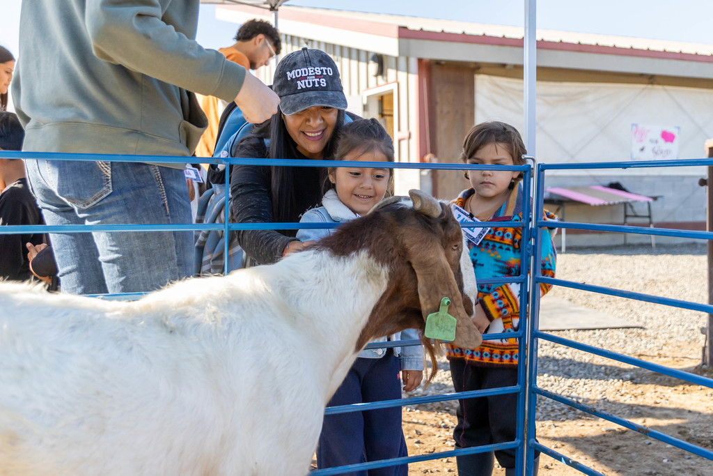 students petting a goat