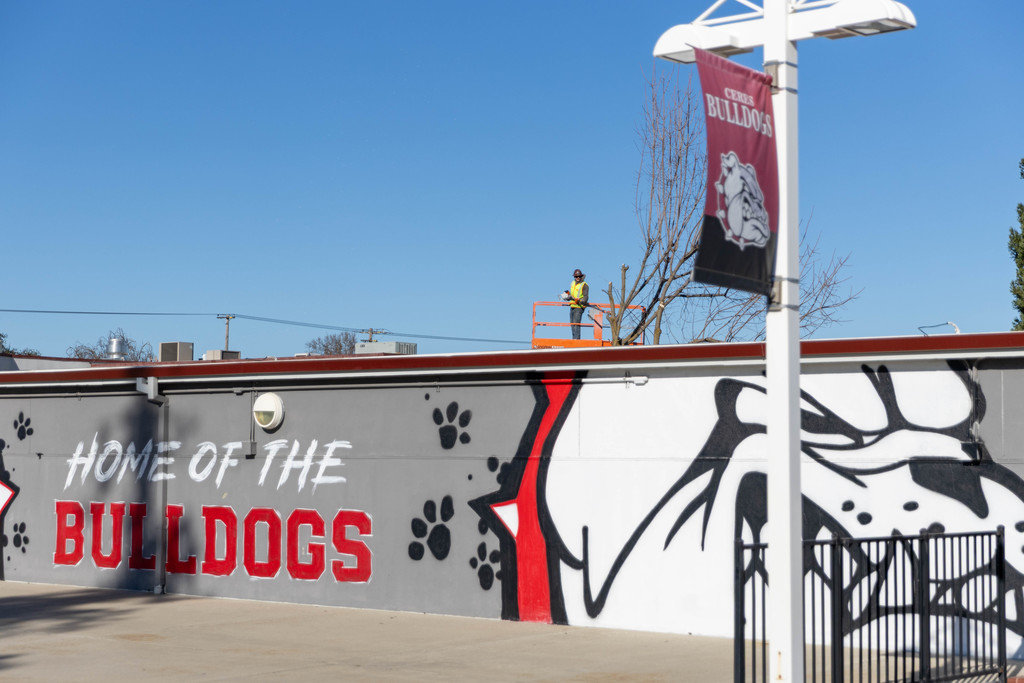 CHS quad with a construction worker in the distance