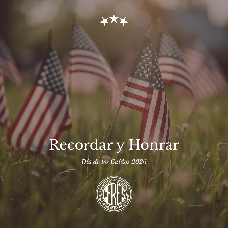 U.S. flags on grassy background with text "Recordar y Honrar"