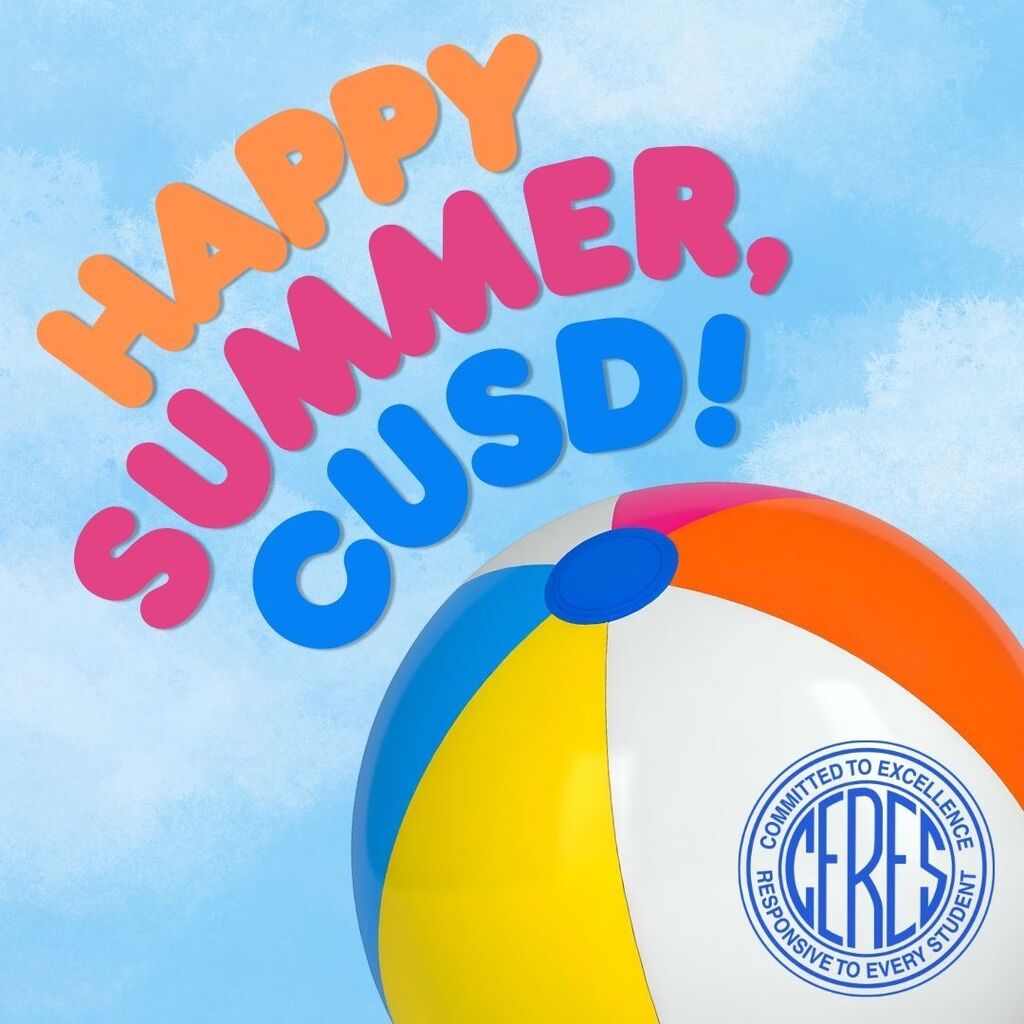 Happy Summer, CUSD on blue sky background with colorful beachball