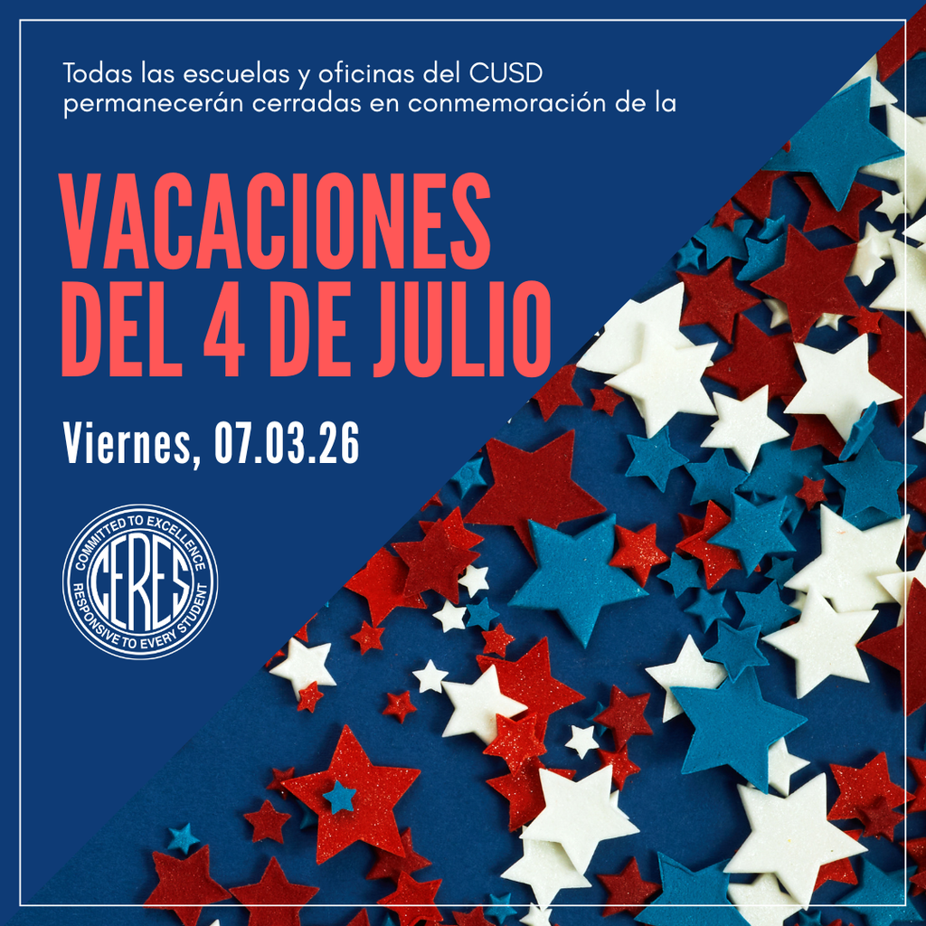 4th of July holiday notice with red white blue decorative stars Spanish