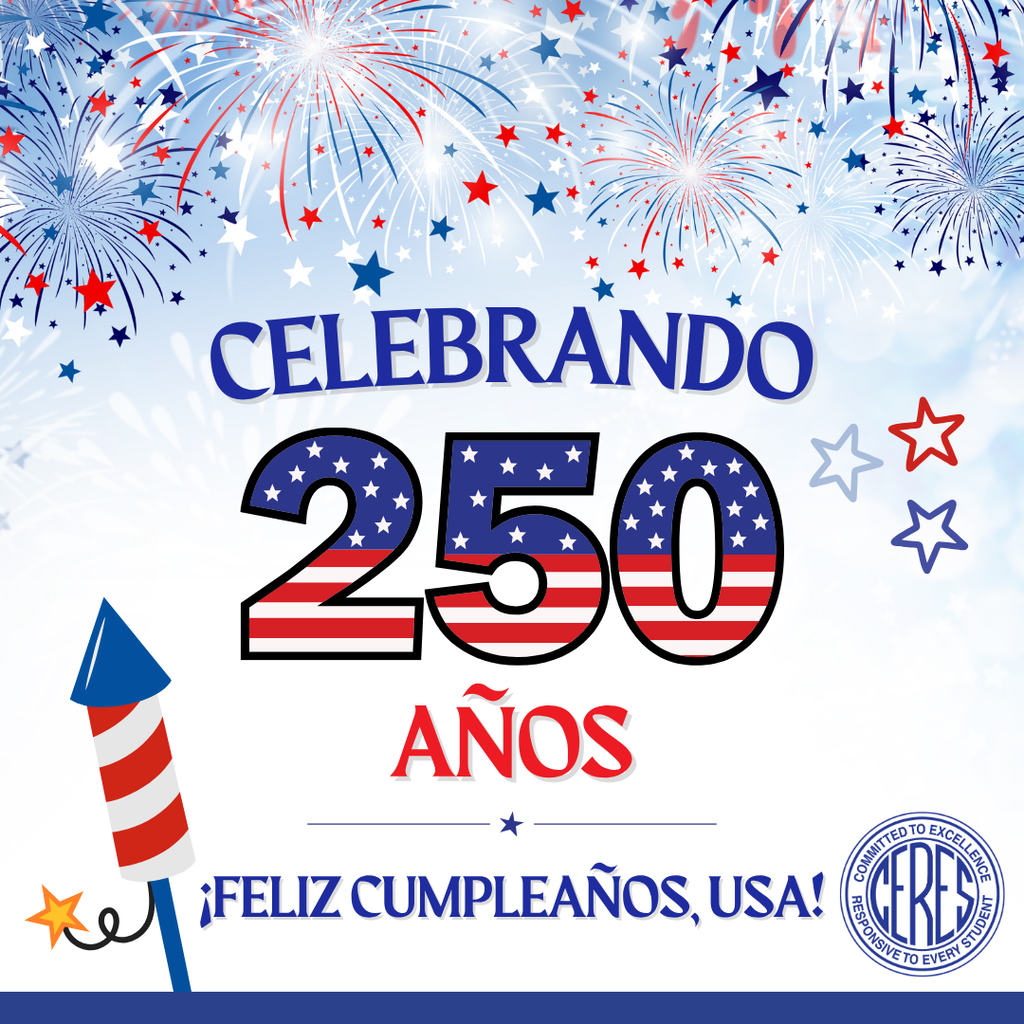 Celebrating 250 years. Happy birthday, USA! Exploding fireworks and red, white, and blue letters