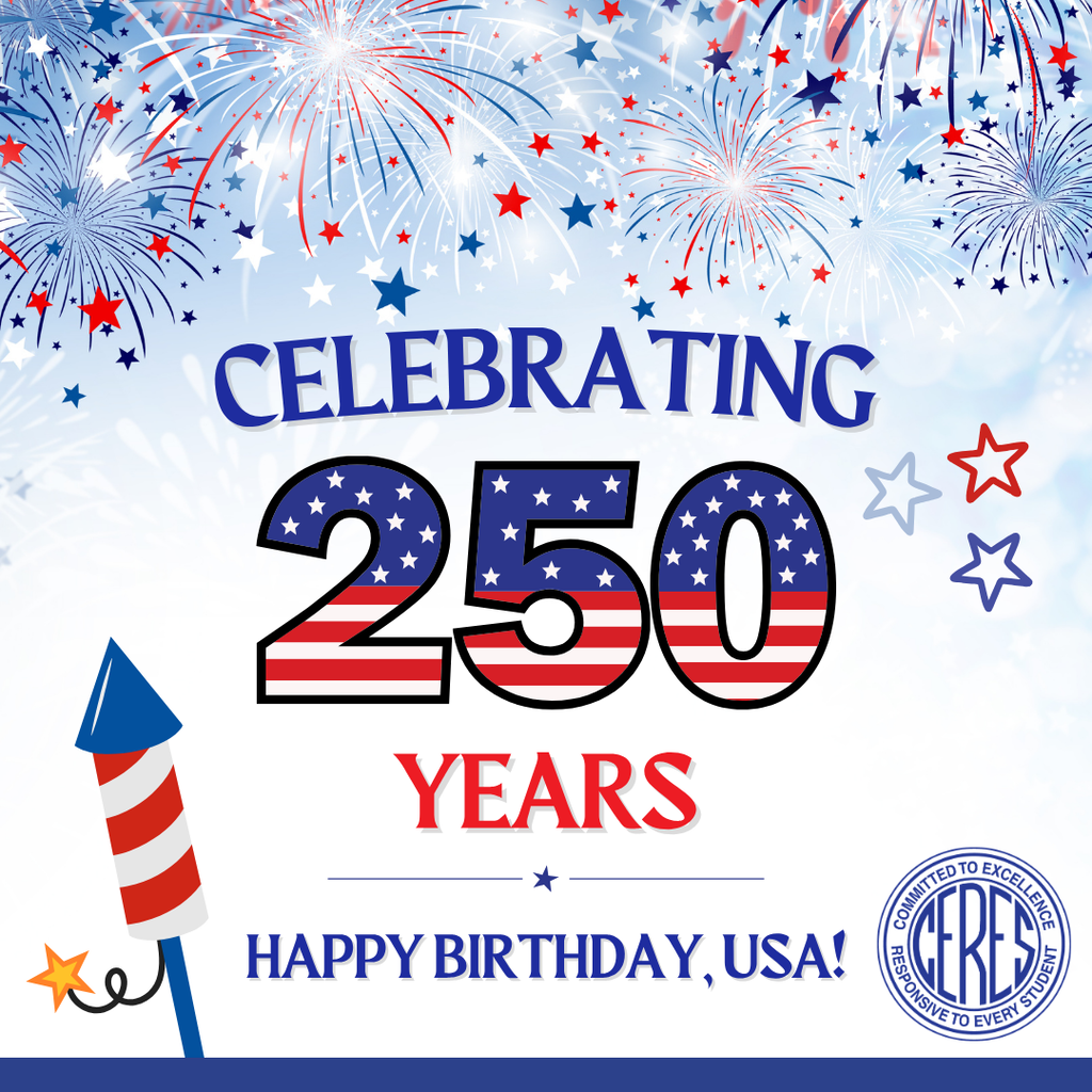 Celebrating 250 years. Happy birthday, USA! Exploding fireworks and red, white, and blue letters