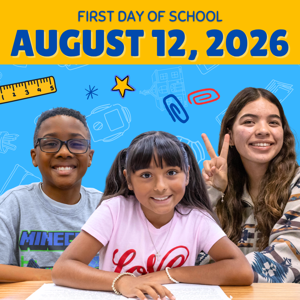 Three students under banner that reads: First day of school August 12, 2026