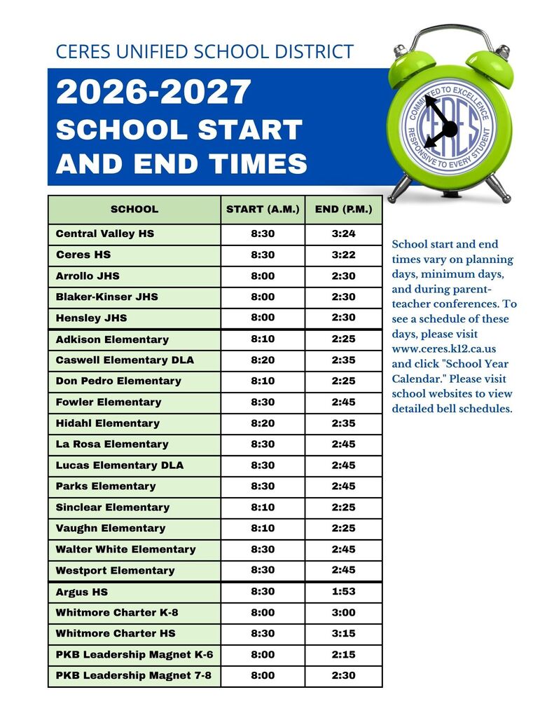 Schedule of school start and end times - English