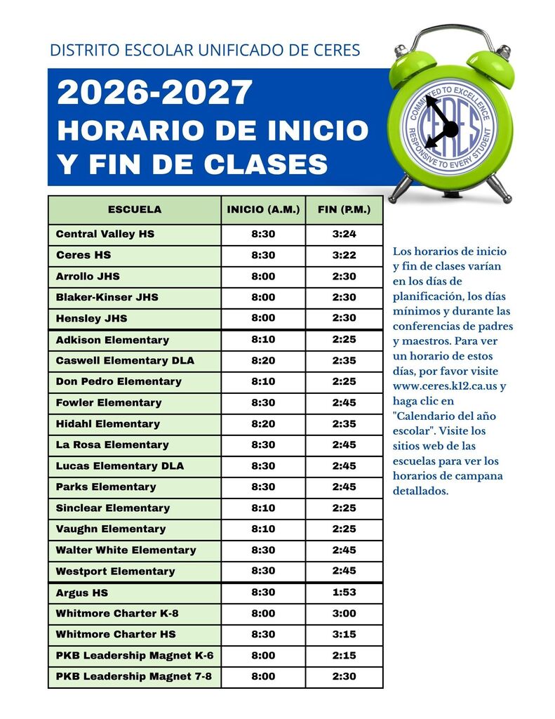 Schedule of school start and end times - Spanish