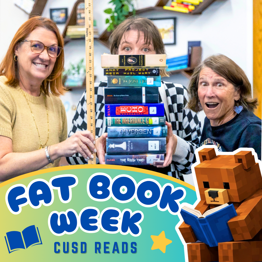 Secondary librarian holds tall stack of books while Superintendent measures with a yard stick while elementary librarian looks excited. Text reads Fat Book Week: CUSD Reads