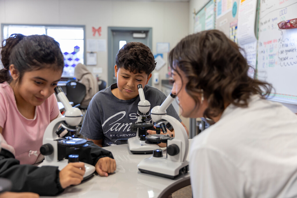 Students and teachers using microscopes