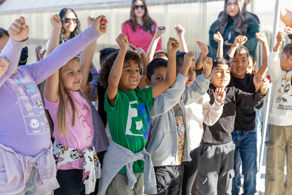 a group of students lifting their hands