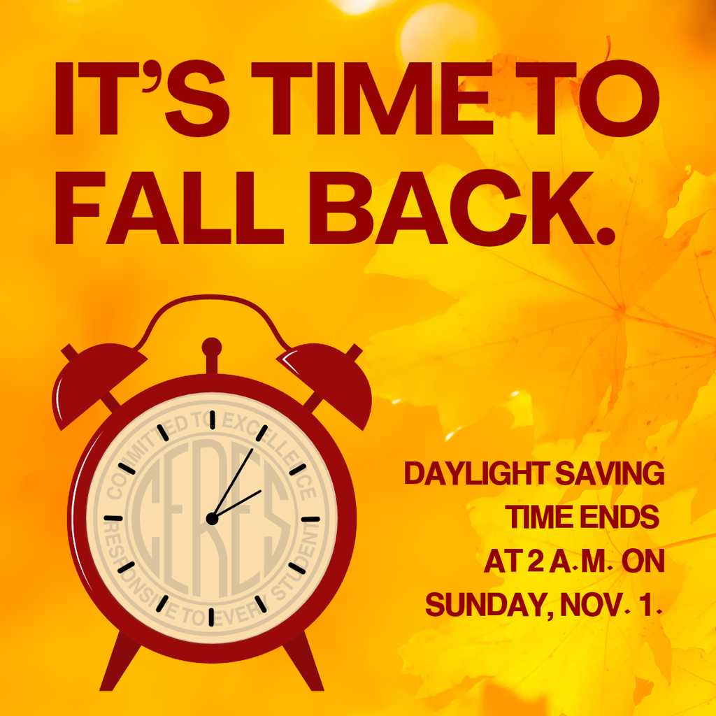 Fall Back Nov. 1 Gold leaves in background with burgundy alarm clock