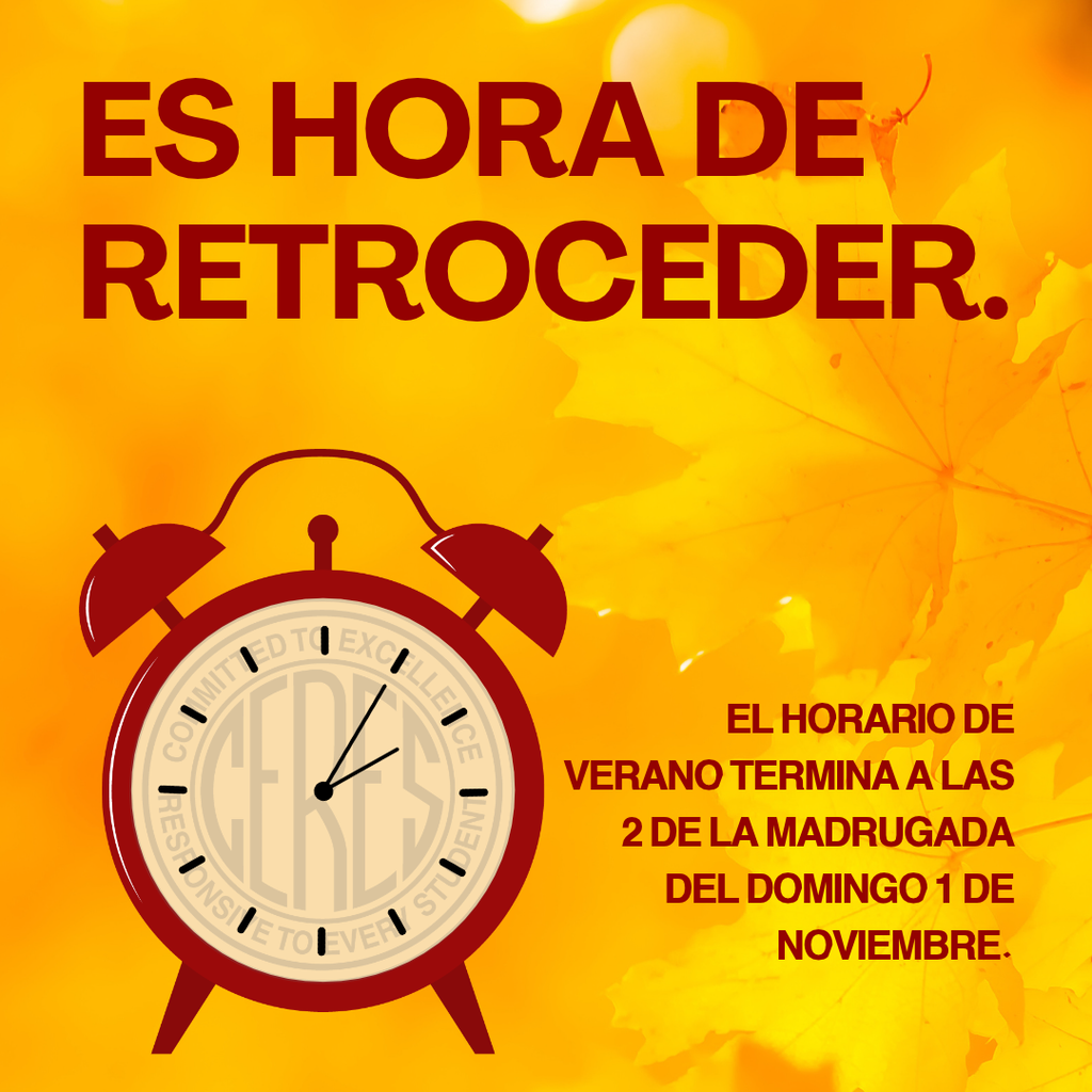 Fall Back Nov. 1 Gold leaves in background with burgundy alarm clock