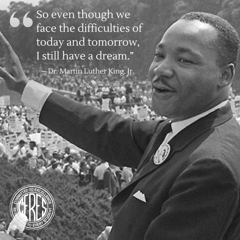 Smiling Martin Luther King, Jr. waves in front of large crowd. Text reads, "So even though we face the difficulties of today and tomorrow, I still have a dream."