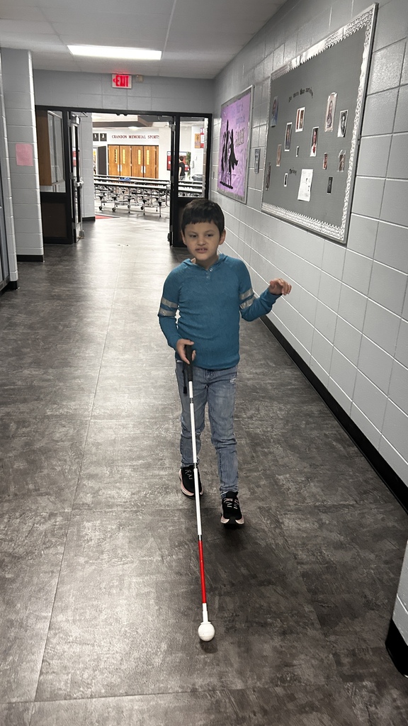 A visually impaired student walking with a cane.