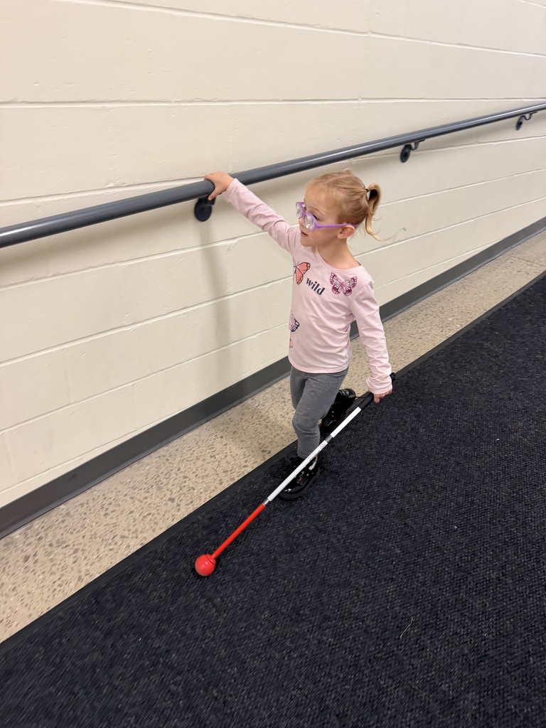A visually impaired student walking with a cane.