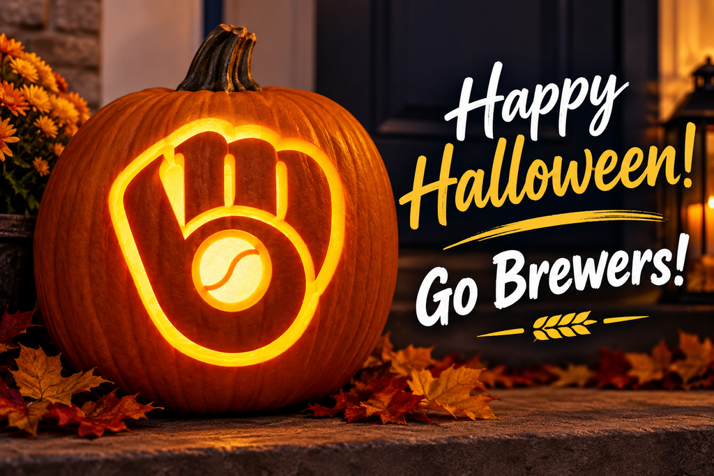Brewers themed carved pumpkin sitting on a step