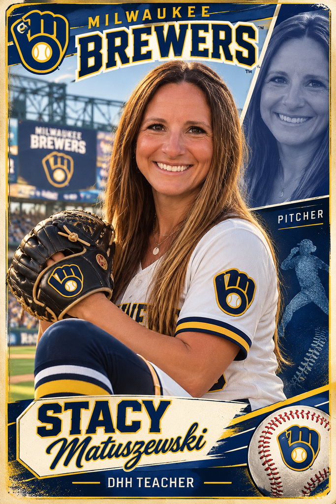 Stacy on a baseball card.