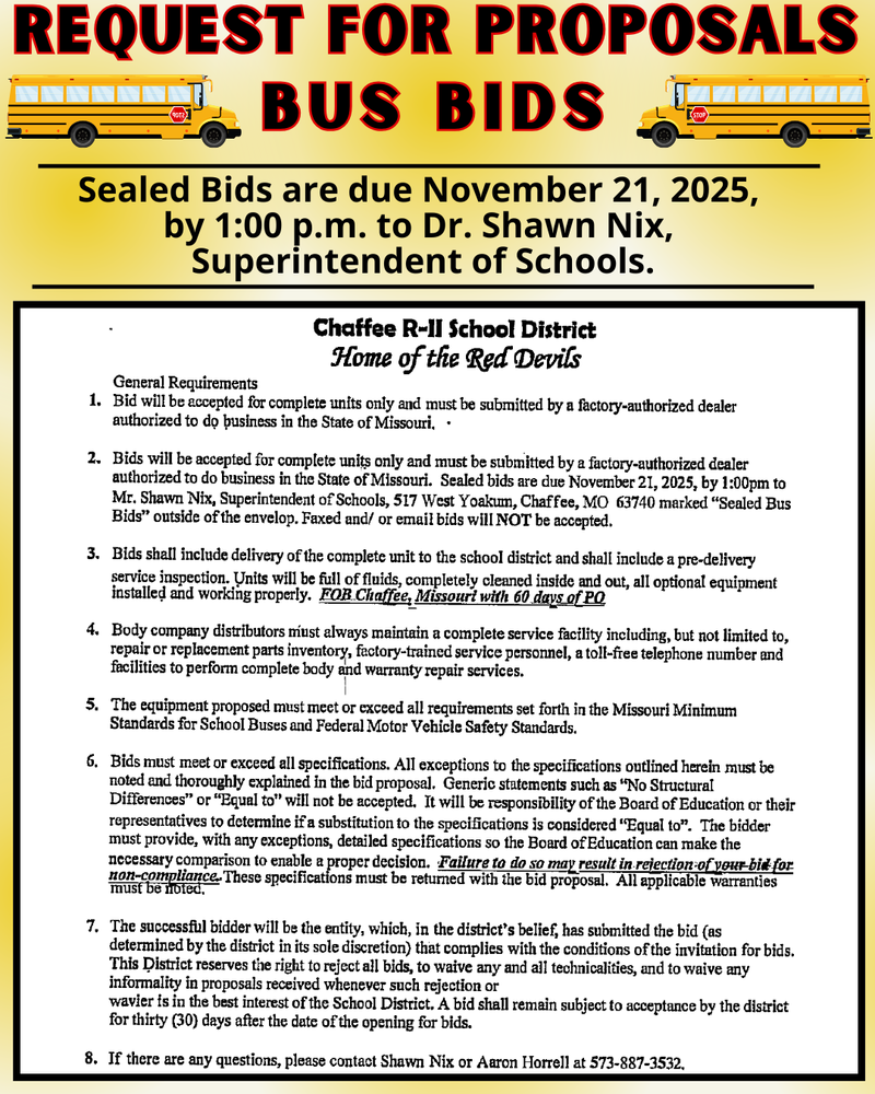 Request for Proposals - Bus Bids Due November 21, 2025 by 1:00 p.m.