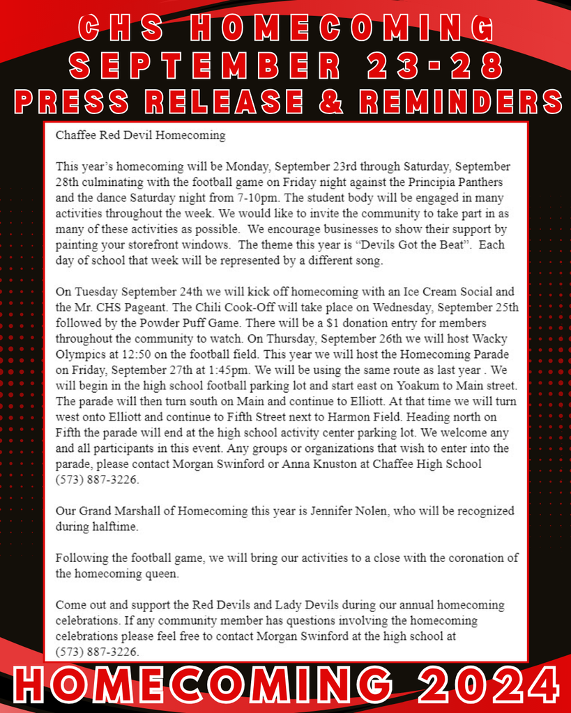 CHS Homecoming September 23-28 Press Release and Reminders