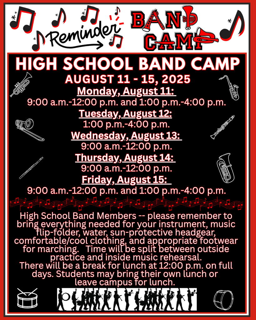 High School Band Camp August 11-15, 2025