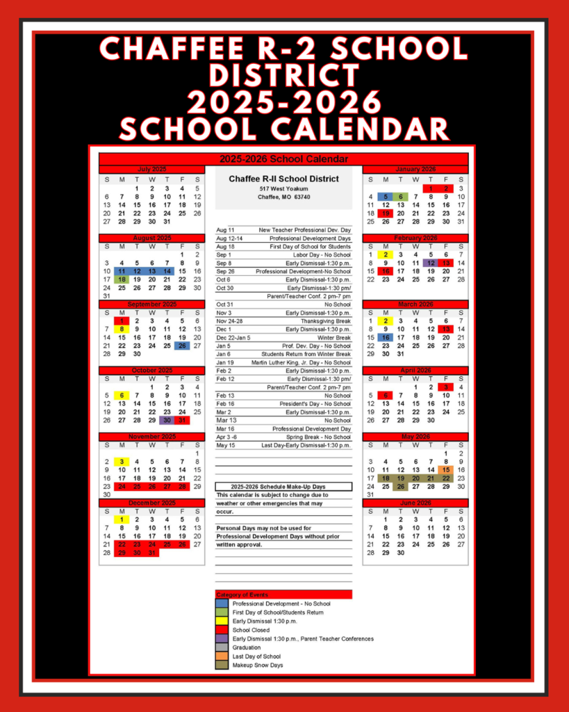 Chaffee R-2 District School Calendar 2025-2026