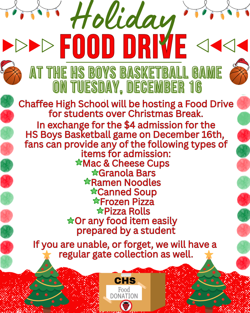 HOLIDAY FOOD DRIVE AT THE HS BOYS BASKETBALL GAME ON TUESDAY, DECEMBER 16 