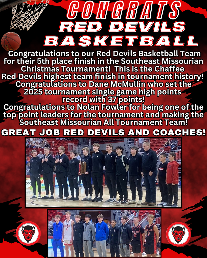 Congratulations Red Devils Basketball 5th Place Finish in the SE Missourian Christmas Tournament 2025